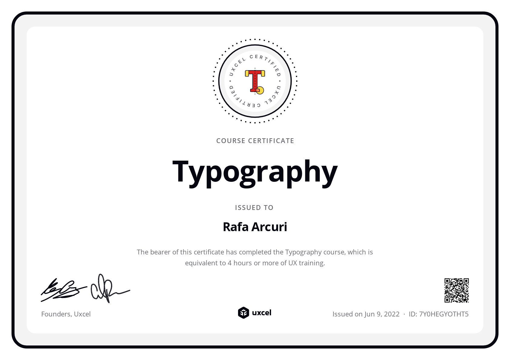 Rafa Arcuri's certificate